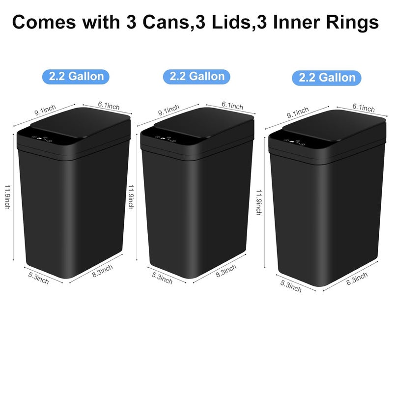Anborry Bathroom Automatic Trash Can 3 Pack 2.2 Gallon Motion Sensor Touchless Small Slim Garbage Can with Lid Smart Electric Narrow Garbage Bin for Bedroom Living Room Office Kitchen (Black) - Image 4